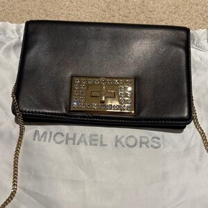 MICHAEL KORS  Black  Leather Clutch with Gold Chain